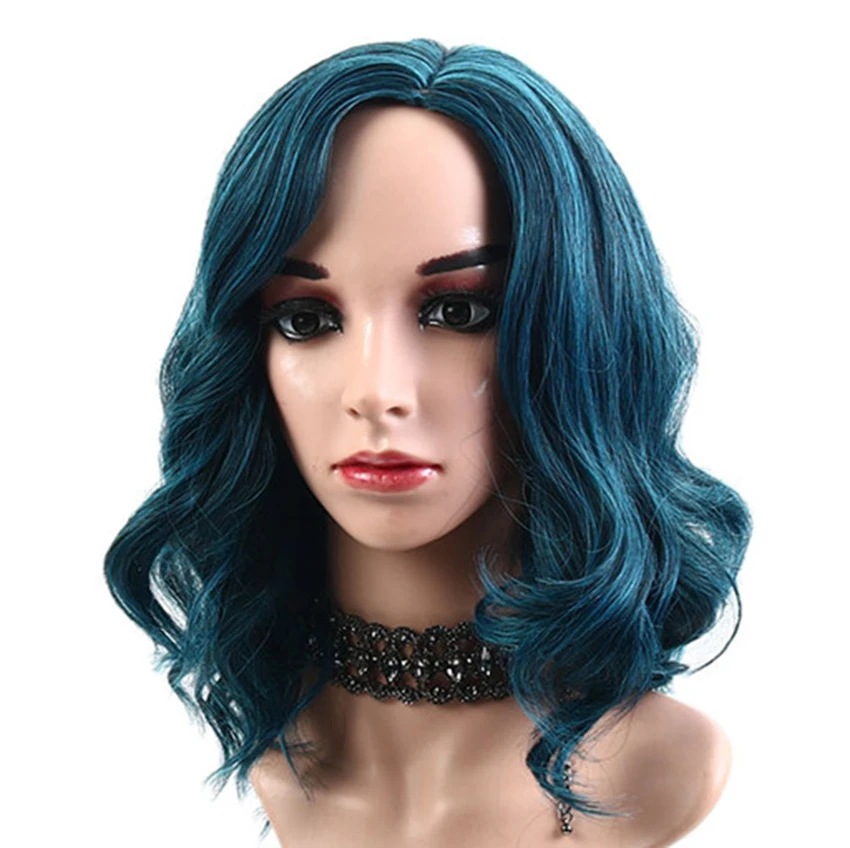 

Women Wavy Blue Wigs Middle Length Lady Synthetic Hair Pieces High Temperature Fiber Femme Hair Extension for Cosplay