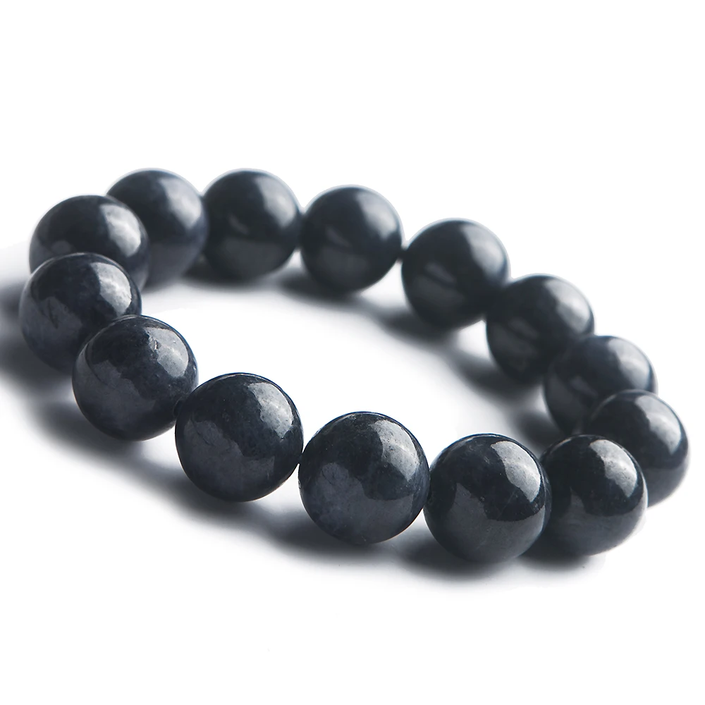 

Genuine Natural Blue Sapphire Gemstone Bracelet 14mm For Love Stretch Crystal Round Beads Women Female Man Bracelet AAAA