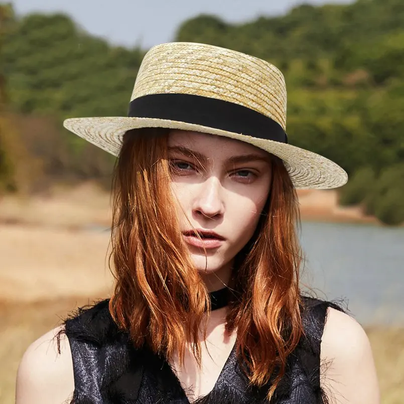 GEMVIE Новинка Boater Панама летняя шляпа для женщин/мужчин с широкими полями соломенная шляпа тканые черные ленты женская пляжная шляпа-Панама