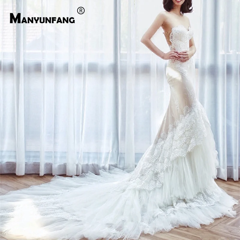 MANYUNFANG без бретелек пикантные атласный пояс Robe De Mariage Свадебные платья Русалочки Кружева платье невесты свадебное платье-бохо