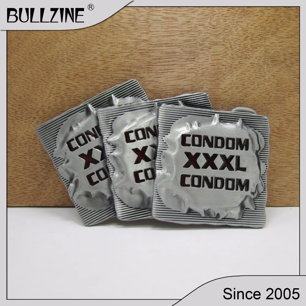 

The Bullzine Condom belt buckle with pewter finish FP-02114 suitable for 4cm width snap on belt