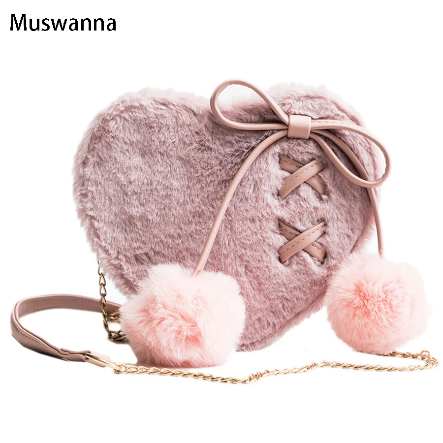 Харадзюку Kawaii Лук плюшевая женская сумка для волос мяч в форме сердца мессенджер