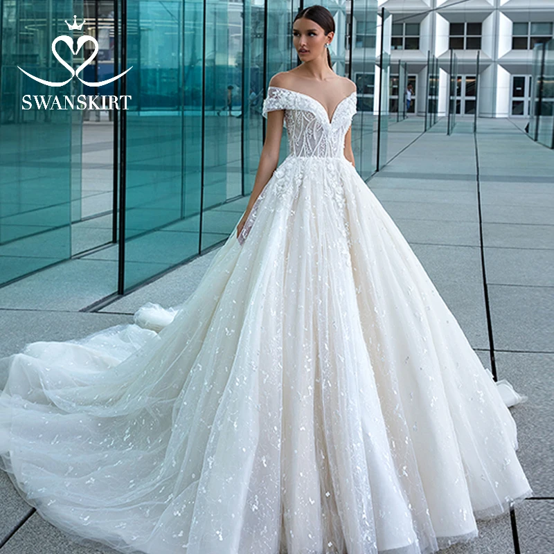 Luxury Off the Shoulder Wedding Dress Swanskirt Sexy Appliques Beaded Ball Gown Princess Bride Gown Vestido de noiva F128