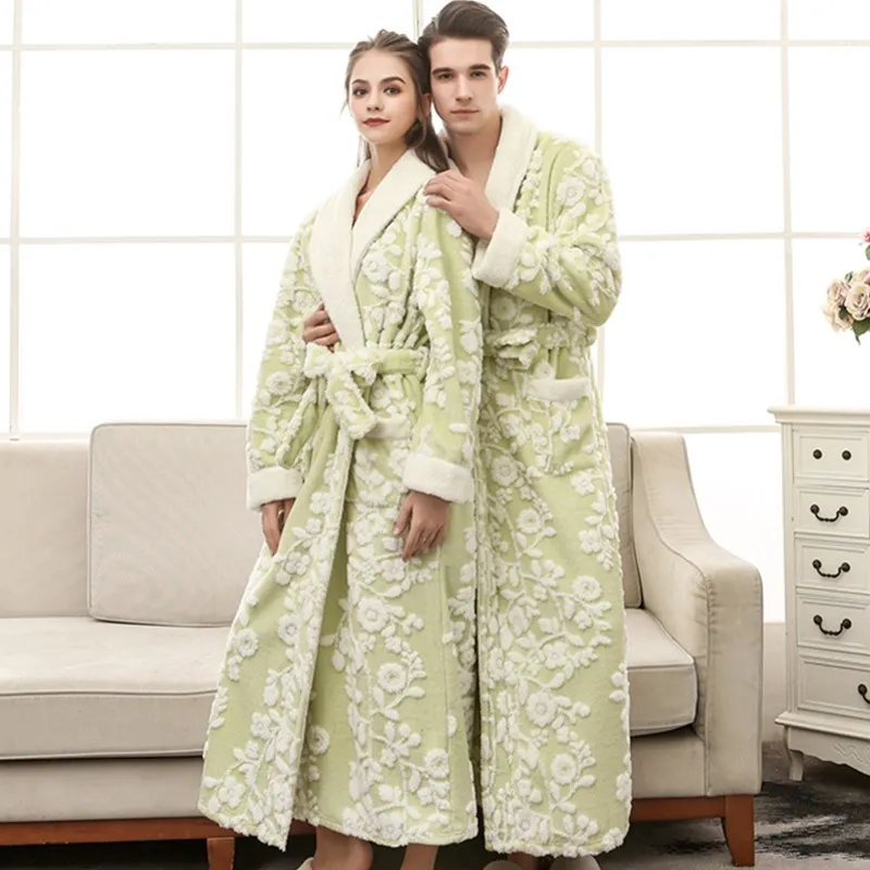 

Lovers Winter Long Flower Flannel Thick Bathrobe Women Men Coral Fleece Kimono Bathrobe Print Women Men Robes Dressing Gown