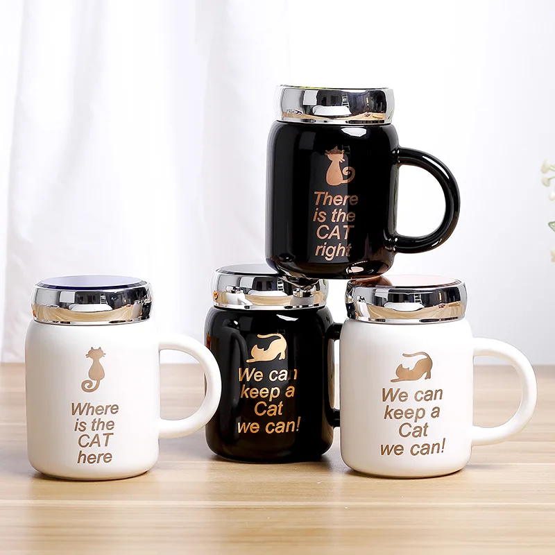 

500ml Gold cat pattern mug with lid,Cute cartoon mugs mirror cover ceramic cup single layer Korean creative mug Drinkware