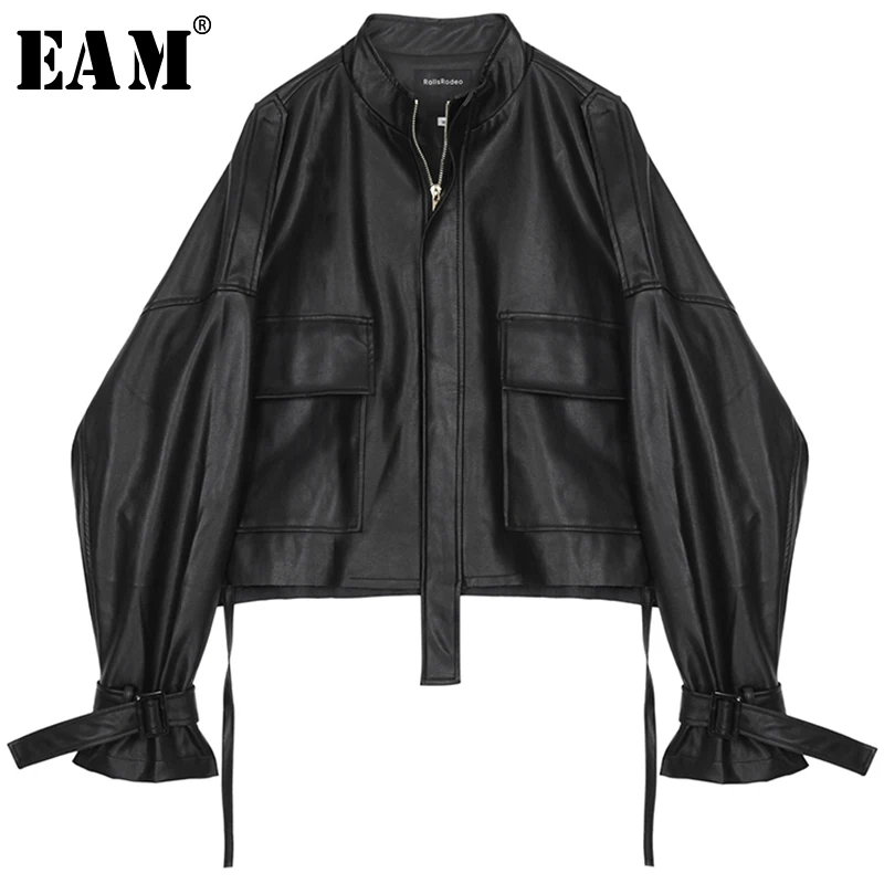 

[EAM] 2019 New Autumn Winter Stand Collar Long Sleeve Drawstring Bandage Big Size Oversize Jacket Women Coat Fashion JY713