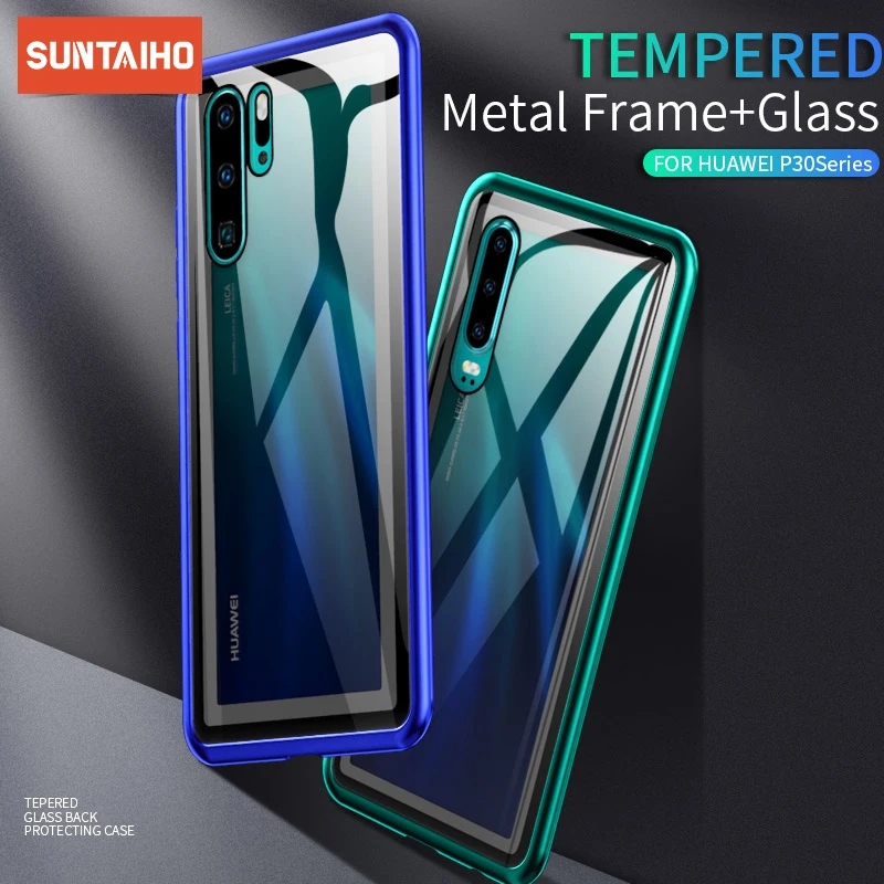 

Suntaiho For Huawei P30 Pro Magnetic Case Front+Back double-sided 9H Tempered Glass Case for Huawei Mate20 Pro Metal Bumper Case