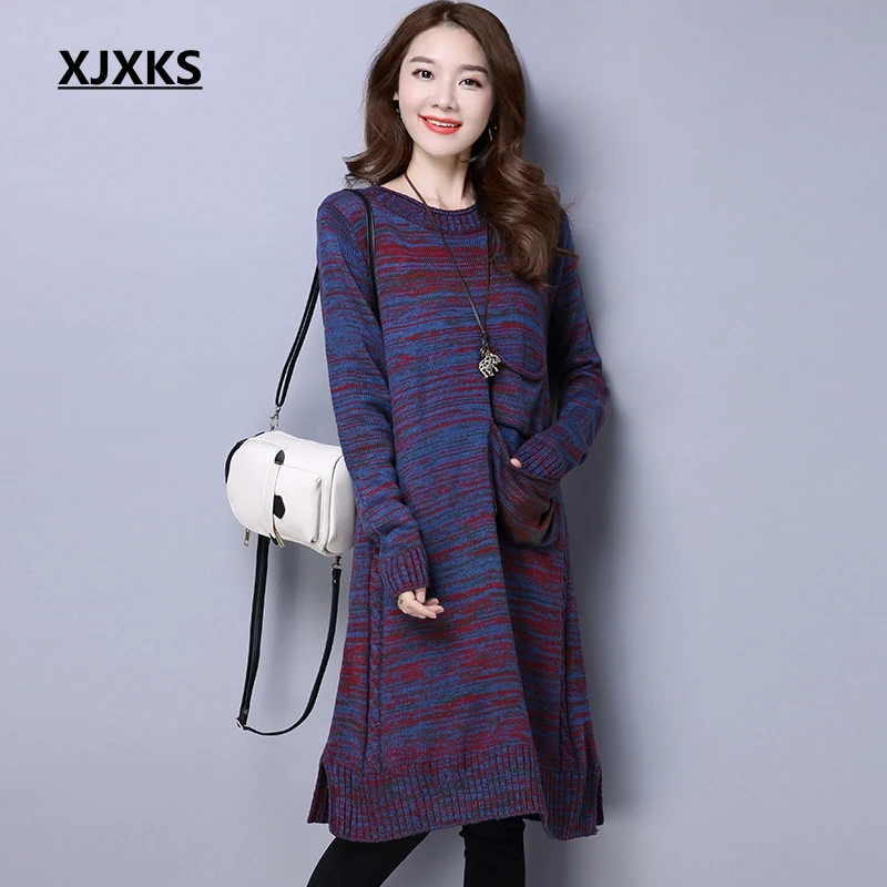 

XJXKS New Arrival 2019 Spring And Autumn New Women Wool Sweater Long Sleeve Sweater Women Long Pullover With Pocket
