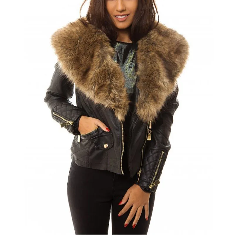 Aliexpress.com : Buy 2017 New Faux Fur Collar Mosaic PU Leather ...