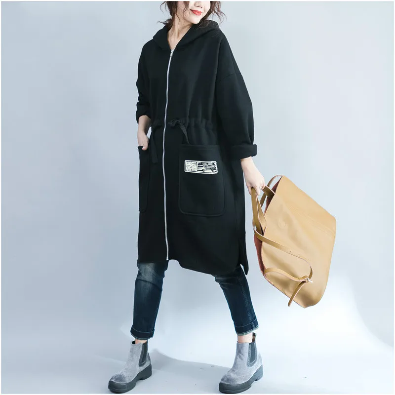 Женская Черная флисовая куртка с капюшоном размера плюс, новинка, Осень-зима, Kawaii, уплотненная длинная куртка с капюшоном, толстовки с мультяшным принтом, 4XL 5XL