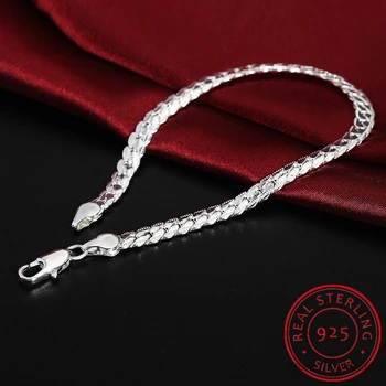 

LEKANI 925 Sterling Silver bracelet fine jewelry 5MM 20cm snake Flat male chain Bracelet Armband/pulsera for men
