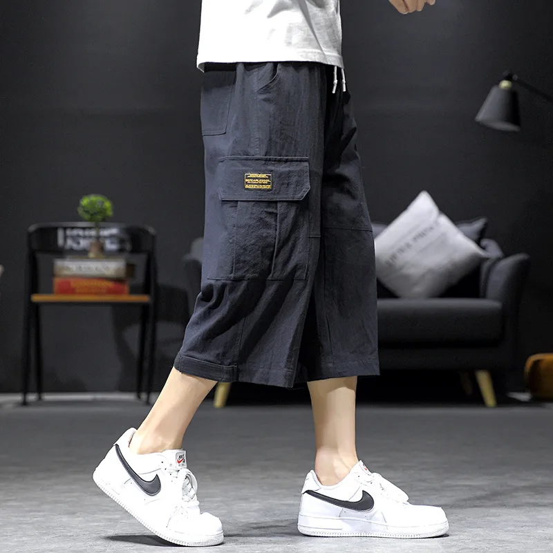 Man Loose Calf-Length Pants Thin Casual Cargo Pants Japan Style Lightweight Breathable Cotton Beach
