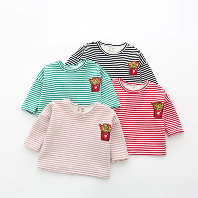

new winter girls velvet striped bat T-shirt fries, embroidered thickened cotton bottoming shirt.