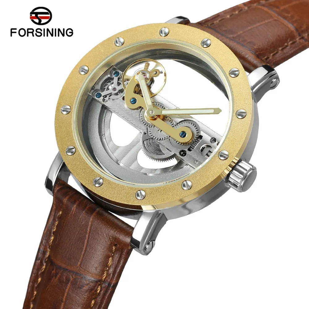 

FORSINING Men's Unique Fashion Design Automatic Self-winding Popular Style Genuine Leather Strap Skeleton Wristwatch On Sale