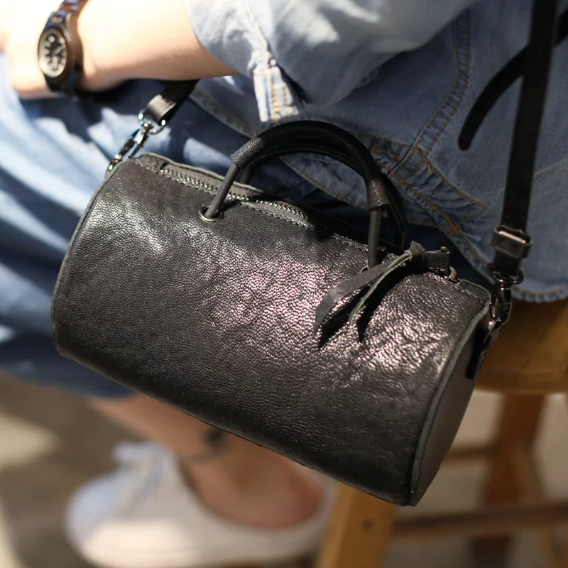 AETOO Black Sheepskin Cylindrical Bag Mini Handbag Shoulder Skip Bag Summer Korean Leather Round Cask