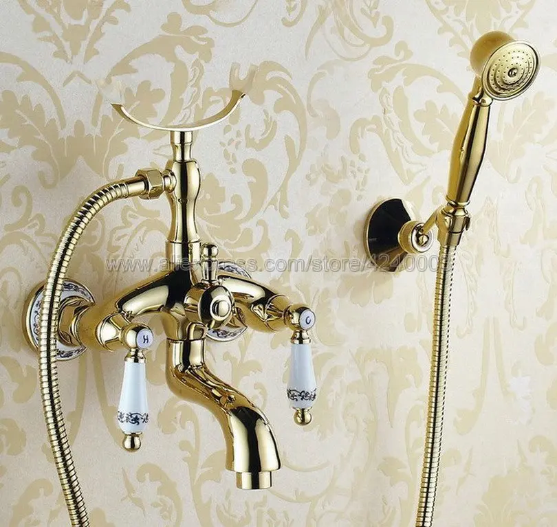 Gold Polished Brass Bathroom Bathtub Mixer Faucet Telephone Style