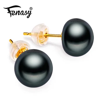 

FENASY 18K Gold Earrings 10-11mm Pearl Jewelry Black Pearl 18k Yellow Gold Stud Earrings For Women Wedding Earrings For Love