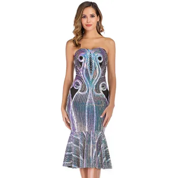 

African Dresses For Women New Backless Sexy Bodycon Sexy Dresses With Strapless Sparkly Sequined Fishtail Long Party Dress