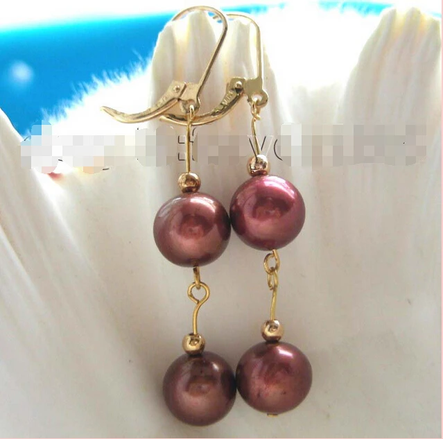 

Free shipping Natural 10mm Round Chocolate Pearl Earrings Dangle 14k 6.10
