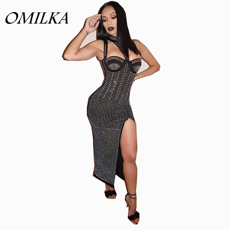 Buy Cheap OMILKA 2017 Summer Women Studded Choker Side Split Dress Sexy Black Diamonds Celebrity Evening Club Party Beading Midi Dress