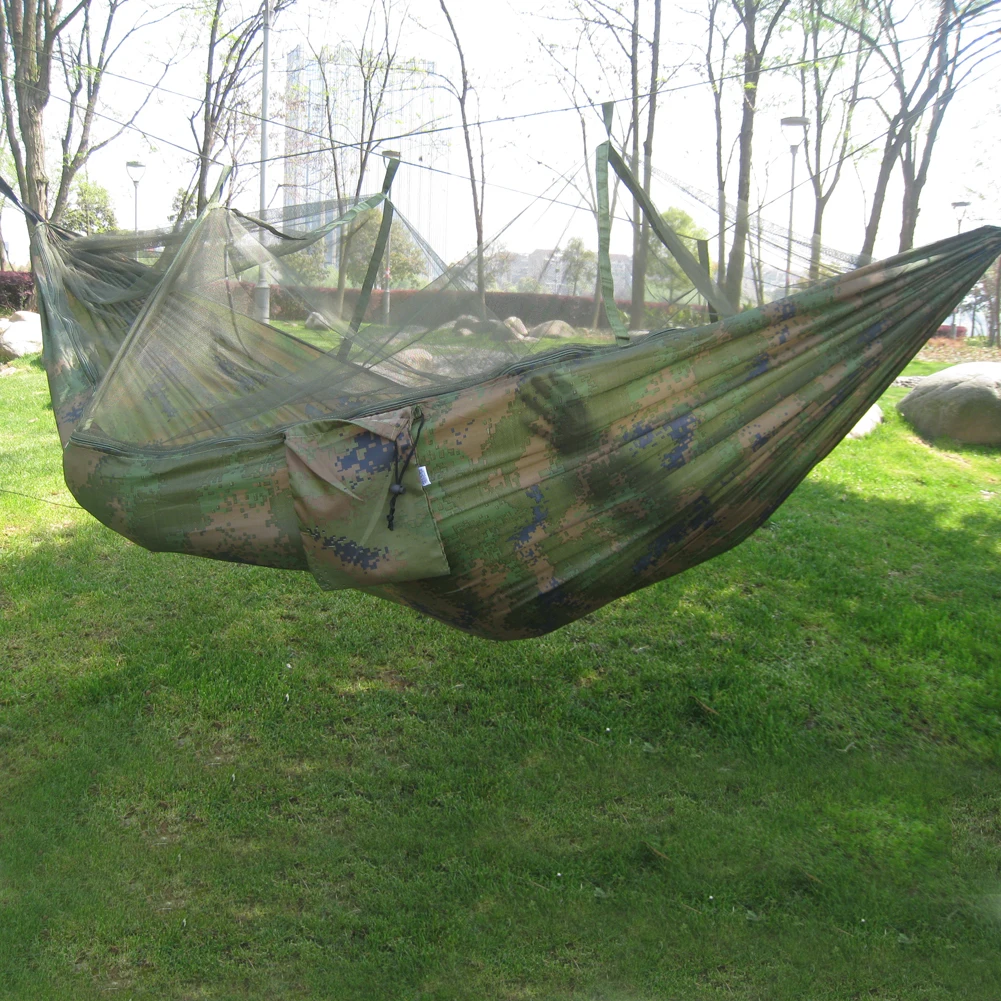 

260x130cm Portable Outdoor Garden Army Green/Camo High Strength Parachute Fabri Camping Mosquito Hammock with Mosquito Nets