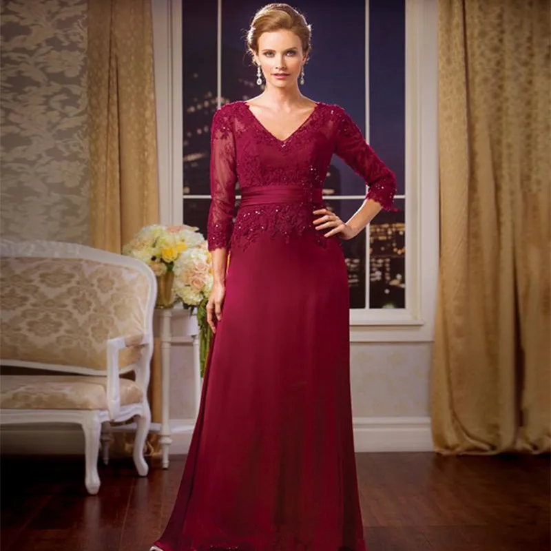 2019 Nieuwe Mode Moeder Van de Bruid Jurk met 3/4 Mouwen Lace Chiffon Lange Moeder Jurken voor Bruiloften Avondjurken 2019 Nieuwe Mode Moeder Van de Bruid Jurk met 3/4 Mouwen Lace Chiffon Lange Moeder Jurken voor Bruiloften Avondjurken