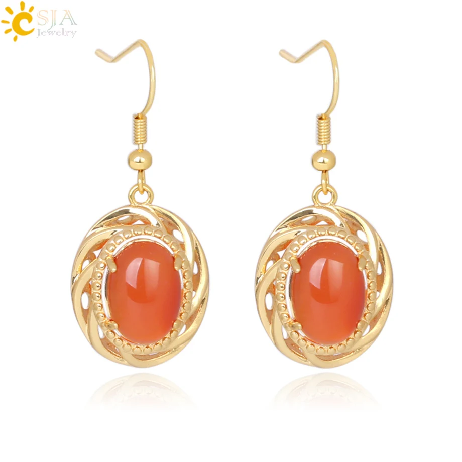 

CSJA Natural Stone Earrings Vintage Red Onyx Oval Pendants for Ear Hook Drop Earring Gold Color Top Quality Jewelry Women F316