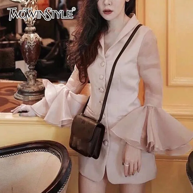 

TWOTWINSTYLE Ruffles Long Blazer Female V Neck Flare Sleeve Single Breasted Pink Spring Coat Womens 2019 Fashion Sweet Clothes