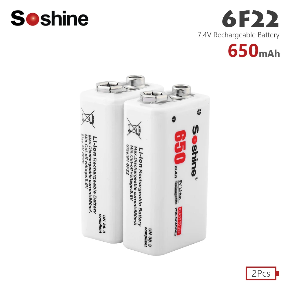 

Soshine 2pcs 650mAh 9V 6F22 PPP3 6LR61 Battery Li-ion Lithium Rechargeable Batteries for Electronic Smoke Guitar Alarm Toys