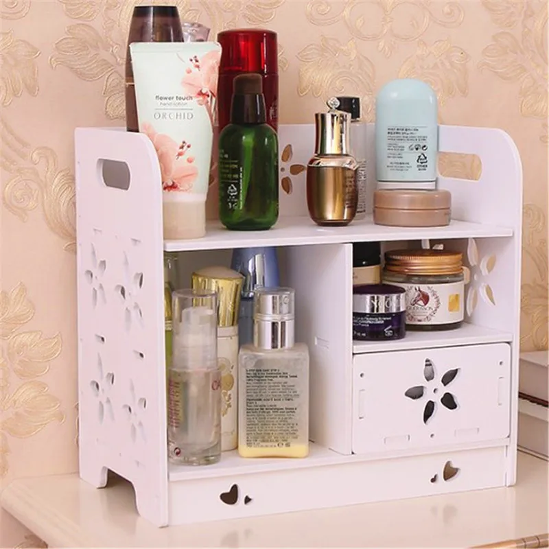 

27cm Wood Shelf Makeup Drawer Hollow Flower 2 Layer Storage Holder Decorative Shelve Wedding Table Home Decoration AP200