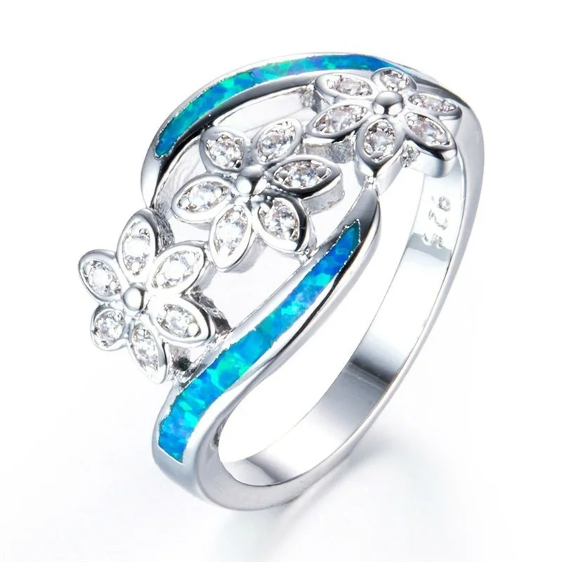 

Marcatsa New Fashion 925 Sterling Silver Filled Blue Fire Opal Ring White AAA Zircon Flower Rings for Women Wedding Jewelry Gift