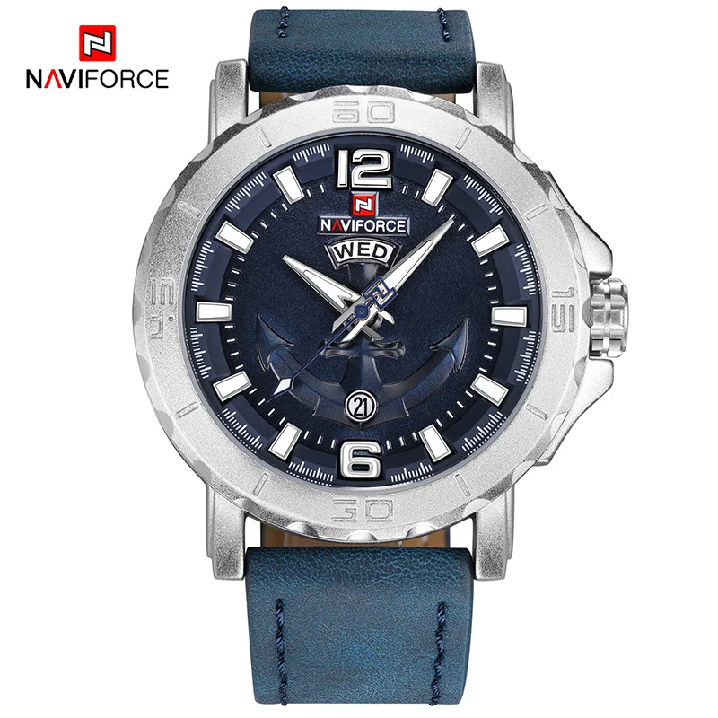 Naviforce Для мужчин Роскошные творчески смотреть Для мужчин кожаные аналоговый Кварцевые наручные часы Спортивные часы мужской Relogio Masculino - Цвет: Blue