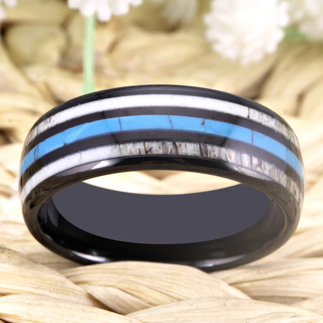 8mm Black Tungsten Ring With Antler & Turquoise inlays 3