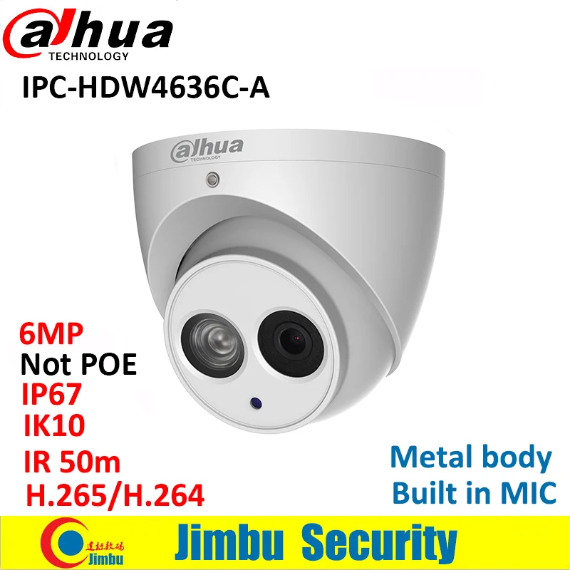 

Dahua IP Camera 6MP IPC-HDW4636C-A Metal body H.265 Built-in MIC IR50m IK10 IP67 Dome Camera Not POE Smart Detection