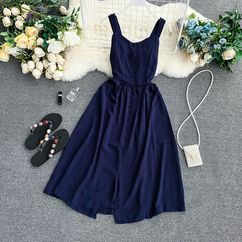 

2019 new fashion women's dresses Summer temperament V-neck open back sleeveless single-breasted strap dress