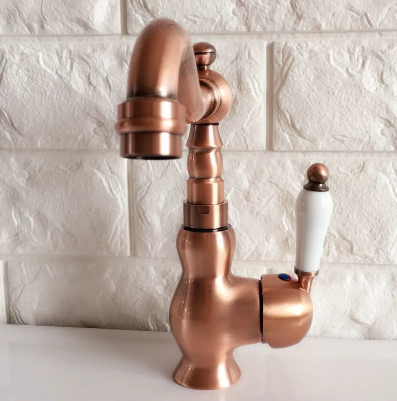 Antique Red Copper Brass Bathroom Kitchen Basin Sink Faucet Mixer Tap Swivel Spout Single Handle One Hole Deck Mounted mnf405