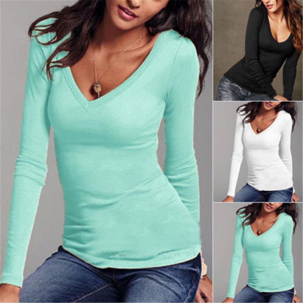 2017 Explosion Long Sleeve Casual Shirts Tight Women Tops Sexy V Neck Blouses Shirt Solid Slim 