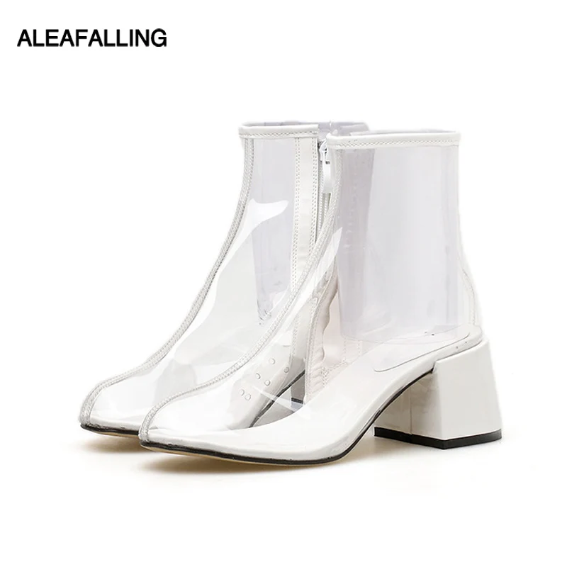 

Aleafalling Ankle Rain Boots British Platform Zip Open PU Waterproof Motorcycle Transparent Ankle Mature Boots Woman Shoes W218