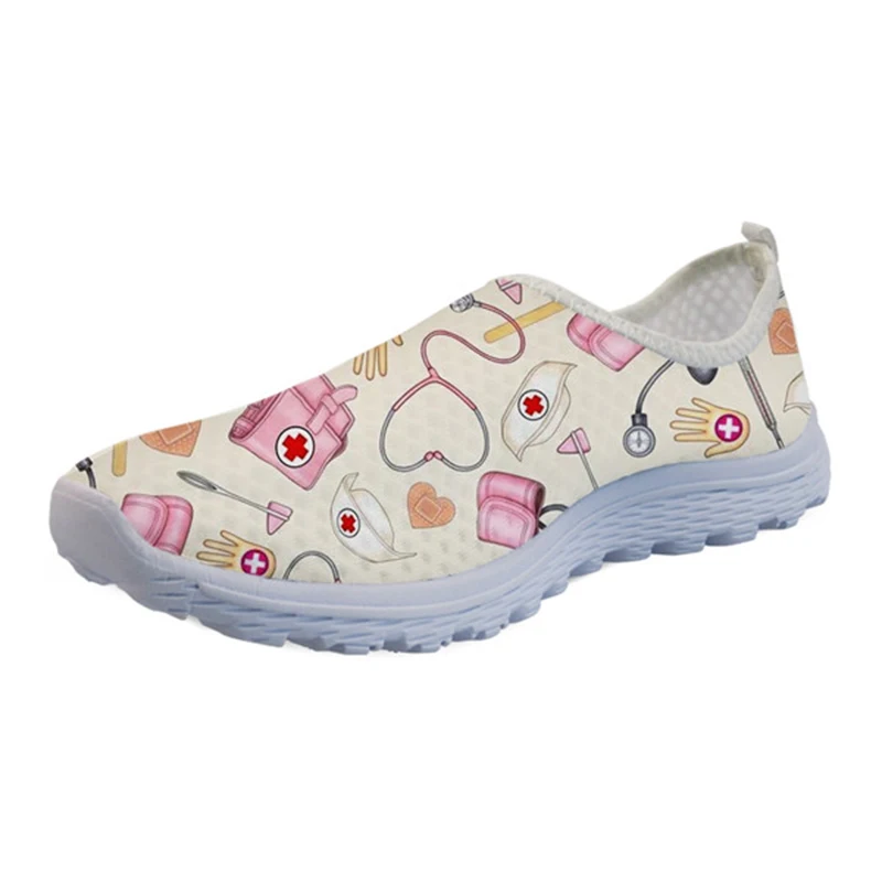 

THIKIN Comfortable Custom Walking Shoes Woman Funny 3D Cartoon Medical Stethoscope Pattern Breathable Mesh Slip-on Flat Shoes