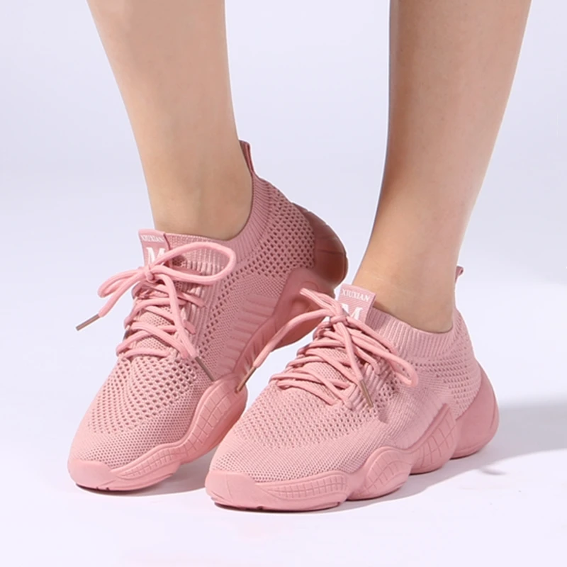 

BZBFSKY Women's Sneakers Mesh Breathable Pink Ladies Shoes Lace-up Lightweight Women Platform Shoes zapatillas mujer Size 35-40