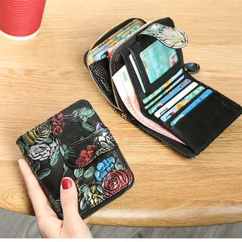 Colorful Oil Painting Flower Short Wallet Women Genuine Leather Purse Female Card Holder Wallet Purse Women's Coin Bag Lady Bag noenname handmade fashion flower embroidery design purse high capacity women card coin wallet national style ladys bag