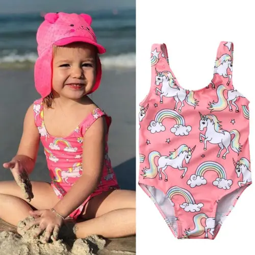 High Quality Kids Baby Girl One Piece Swimsuit Cartoon Rainbow Horse