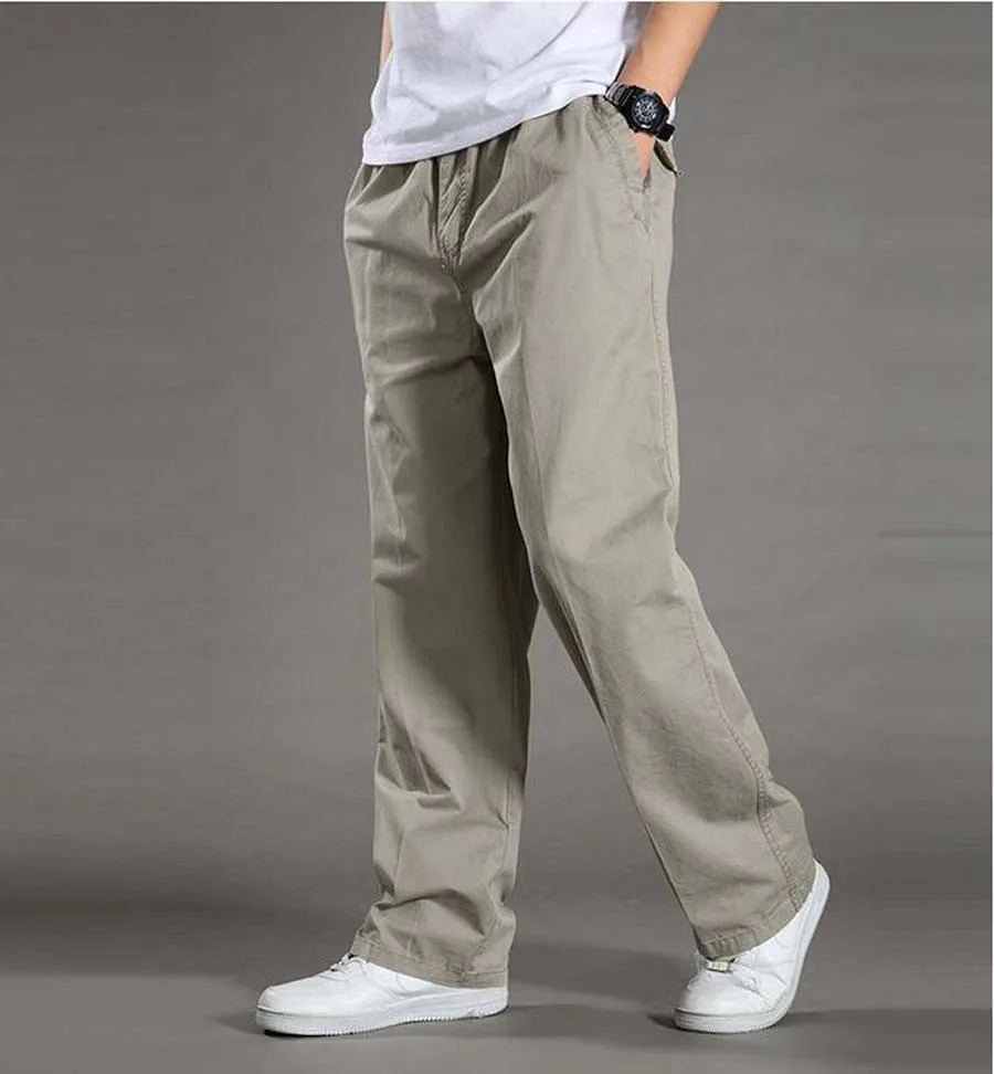 Повседневные Мужские штаны для бега большого размера, прямые свободные широкие брюки-карго с карманами, хлопковый комбинезон, брюки с эластичным поясом