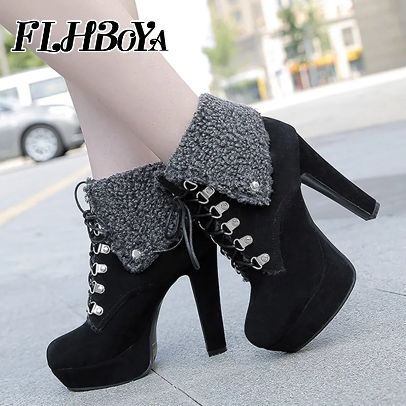 

2019 winter Fashion thick bottomed Platform Round Toe Martin boots cross tied warm short boots Women Black Red Apricot Purple