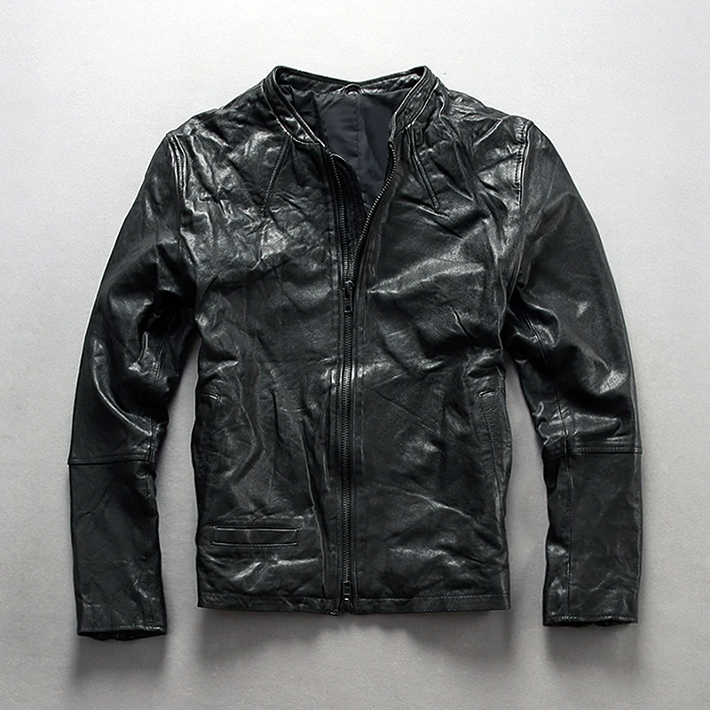 

2018 stand collar slim fit genuine leather jacket men black sheepskin coats zipper men's leather coat autumn leather clothing