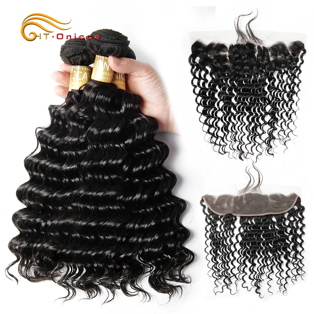 

Onicca Peruvian Deep Wave 3 Bundles With Frontal 100% Human Hair Weaves 13*4 Ear to Ear Lace Frontal Closure Non Remy Hair