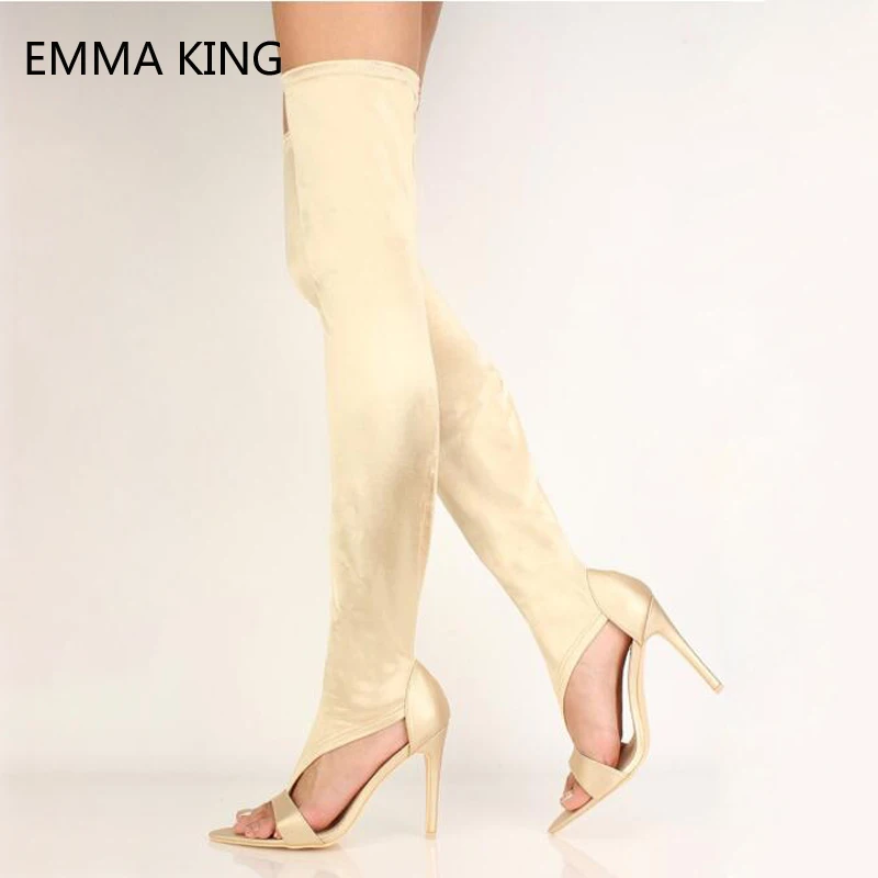 

Nude Open Toe Thigh High Stiletto Heels Boots Summer Party Ladies Gladiator Sandals Slip-On Over The Knee Sock Boots For Women