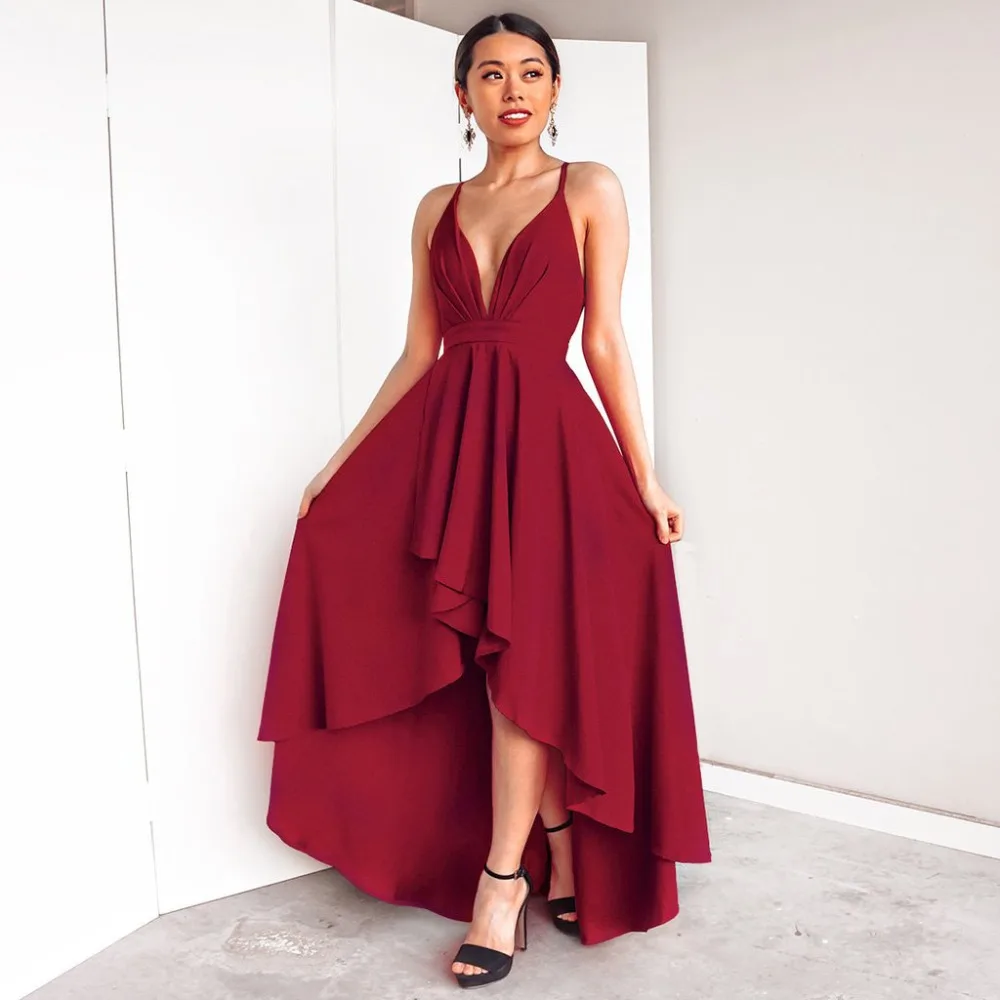 

2019 New Women's Wine Red Black Sexy V-neck Halter Dress Backless Dress Party Dress Club Wear Irregular long dress DHL