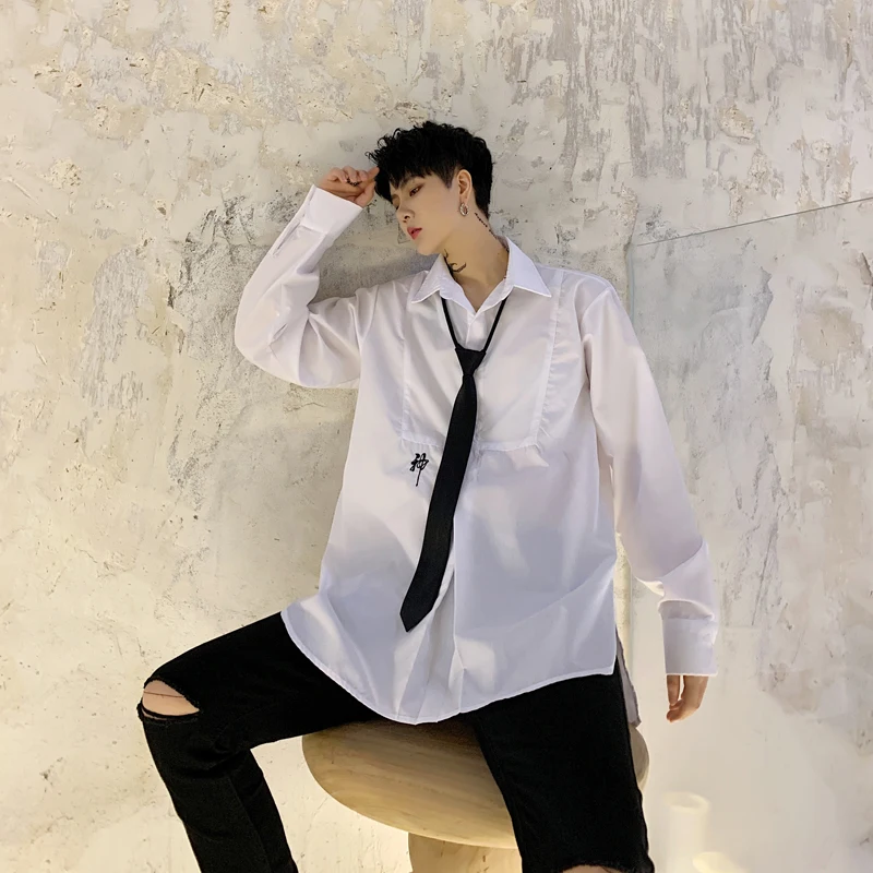 

MIXCUBIC 2019 summer British style Unique black tie design shirts men casual loose embroidery shirts for men,size S-XL