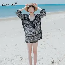 Deep V Female Top Black Printed Beach Cover Up Women’s Tunic Hollow Beachwear Cover-Ups Summer Clothes for Women